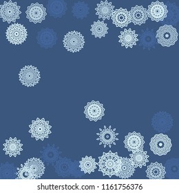 Simple Outline Mandalas on Square Background. Cute Ethnic Pattern with Round Lacy Medallions In Aztec, Indian or Moroccan Style. Bright Tribal Background for Orient Design. Vector
