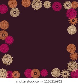 Simple Outline Mandalas on Square Background. Amazing Ethnic Pattern with Round Lacy Medallions In Aztec, Mexican or Moroccan Style. Bright Tribal Background for Orient Design. Vector