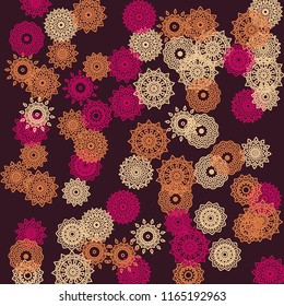 Simple Outline Mandalas on Square Background. Amazing Ethnic Pattern with Round Lacy Medallions In Indian, Moroccan or Mexican Style. Bright Tribal Background for Orient Design. Vector