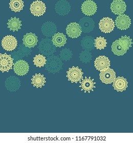 Simple Outline Mandalas on Square Background. Pretty Ethnic Pattern with Round Lacy Medallions In Aztec, Indian or Turkish Style. Bright Tribal Background for Orient Design. Vector