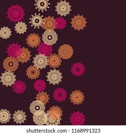 Simple Outline Mandalas on Square Background. Cute Ethnic Pattern with Round Lacy Medallions In Aztec, Indian or Turkish Style. Bright Tribal Background for Orient Design. Vector