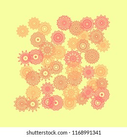 Simple Outline Mandalas on Square Background. Pretty Ethnic Pattern with Round Lacy Medallions In Moroccan, Indian or Turkish Style. Bright Tribal Background for Orient Design. Vector