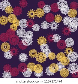 Simple Outline Mandalas on Square Background. Cute Ethnic Pattern with Round Lacy Medallions In Aztec, Mexican or Moroccan Style. Bright Tribal Background for Orient Design. Vector