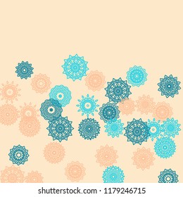 Simple Outline Mandalas on Square Background. Cute Ethnic Pattern with Round Lacy Medallions In Indian, Moroccan or Mexican Style. Bright Tribal Background for Orient Design. Vector