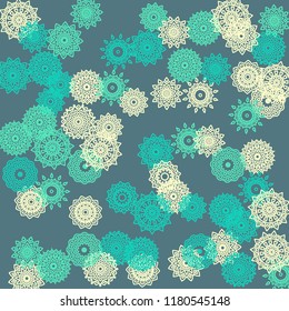 Simple Outline Mandalas on Square Background. Amazing Ethnic Pattern with Round Lacy Medallions In Indian, Moroccan or Mexican Style. Bright Tribal Background for Orient Design. Vector