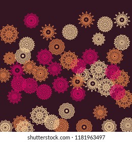 Simple Outline Mandalas on Square Background. Fancy Ethnic Pattern with Round Lacy Medallions In Aztec, Indian or Turkish Style. Bright Tribal Background for Orient Design. Vector