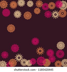 Simple Outline Mandalas on Square Background. Amazing Ethnic Pattern with Round Lacy Medallions In Aztec, Mexican or Moroccan Style. Bright Tribal Background for Orient Design. Vector