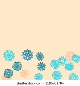 Simple Outline Mandalas on Square Background. Delicate Ethnic Pattern with Round Lacy Medallions In Moroccan, Indian or Mexican Style. Bright Tribal Background for Orient Design. Vector
