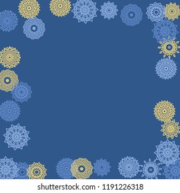 Simple Outline Mandalas on Square Background. Amazing Ethnic Pattern with Round Lacy Medallions In Aztec, Indian or Turkish Style. Bright Tribal Background for Orient Design. Vector