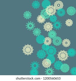 Simple Outline Mandalas on Square Background. Amazing Ethnic Pattern with Round Lacy Medallions In Moroccan, Indian or Mexican Style. Bright Tribal Background for Orient Design. Vector