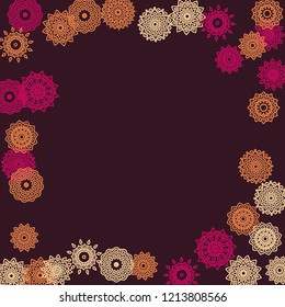 Simple Outline Mandalas on Square Background. Fancy Ethnic Pattern with Round Lacy Medallions In Aztec, Indian or Moroccan Style. Bright Tribal Background for Orient Design. Vector