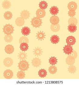 Simple Outline Mandalas on Square Background. Cute Ethnic Pattern with Round Lacy Medallions In Indian, Moroccan or Mexican Style. Bright Tribal Background for Orient Design. Vector