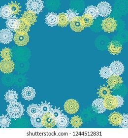 Simple Outline Mandalas on Square Background. Delicate Ethnic Pattern with Round Lacy Medallions In Moroccan, Indian or Turkish Style. Bright Tribal Background for Orient Design. Vector
