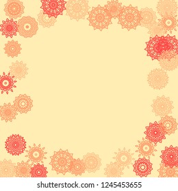 Simple Outline Mandalas on Square Background. Cute Ethnic Pattern with Round Lacy Medallions In Indian, Moroccan or Mexican Style. Bright Tribal Background for Orient Design. Vector