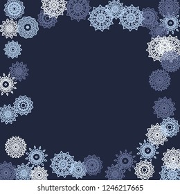 Simple Outline Mandalas on Square Background. Delicate Ethnic Pattern with Round Lacy Medallions In Aztec, Mexican or Moroccan Style. Bright Tribal Background for Orient Design. Vector