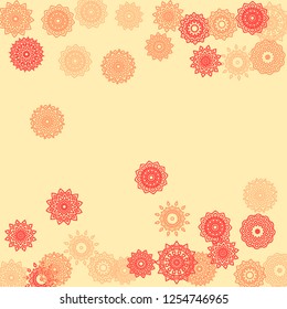 Simple Outline Mandalas on Square Background. Cute Ethnic Pattern with Round Lacy Medallions In Indian, Moroccan or Mexican Style. Bright Tribal Background for Orient Design. Vector