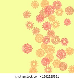 Simple Outline Mandalas on Square Background. Delicate Ethnic Pattern with Round Lacy Medallions In Aztec, Indian or Turkish Style. Bright Tribal Background for Orient Design. Vector