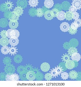 Simple Outline Mandalas on Square Background. Amazing Ethnic Pattern with Round Lacy Medallions In Moroccan, Indian or Mexican Style. Bright Tribal Background for Orient Design. Vector