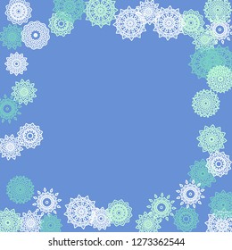 Simple Outline Mandalas on Square Background. Pretty Ethnic Pattern with Round Lacy Medallions In Aztec, Indian or Turkish Style. Bright Tribal Background for Orient Design. Vector