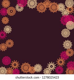 Simple Outline Mandalas on Square Background. Cute Ethnic Pattern with Round Lacy Medallions In Aztec, Indian or Turkish Style. Bright Tribal Background for Orient Design. Vector