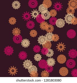 Simple Outline Mandalas on Square Background. Amazing Ethnic Pattern with Round Lacy Medallions In Aztec, Indian or Turkish Style. Bright Tribal Background for Orient Design. Vector