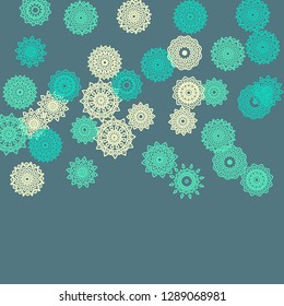 Simple Outline Mandalas on Square Background. Amazing Ethnic Pattern with Round Lacy Medallions In Aztec, Indian or Moroccan Style. Bright Tribal Background for Orient Design. Vector