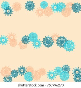 Simple Outline Mandalas on Square Background. Delicate Ethnic Pattern with Round Lacy Medallions In Moroccan, Indian or Mexican Style. Bright Tribal Background for Orient Design. Vector