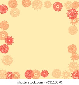 Simple Outline Mandalas on Square Background. Pretty Ethnic Pattern with Round Lacy Medallions In Indian, Moroccan or Mexican Style. Bright Tribal Background for Orient Design. Vector