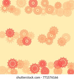 Simple Outline Mandalas on Square Background. Delicate Ethnic Pattern with Round Lacy Medallions In Moroccan, Indian or Mexican Style. Bright Tribal Background for Orient Design. Vector