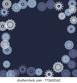 Simple Outline Mandalas on Square Background. Pretty Ethnic Pattern with Round Lacy Medallions In Aztec, Indian or Moroccan Style. Bright Tribal Background for Orient Design. Vector