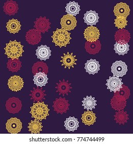 Simple Outline Mandalas on Square Background. Amazing Ethnic Pattern with Round Lacy Medallions In Indian, Moroccan or Mexican Style. Bright Tribal Background for Orient Design. Vector