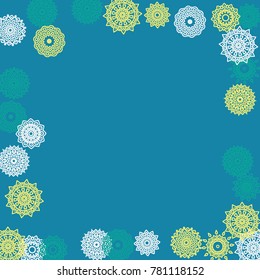 Simple Outline Mandalas on Square Background. Delicate Ethnic Pattern with Round Lacy Medallions In Moroccan, Indian or Turkish Style. Bright Tribal Background for Orient Design. Vector