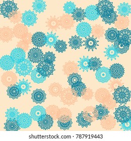 Simple Outline Mandalas on Square Background. Fancy Ethnic Pattern with Round Lacy Medallions In Aztec, Indian or Moroccan Style. Bright Tribal Background for Orient Design. Vector