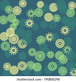Simple Outline Mandalas on Square Background. Delicate Ethnic Pattern with Round Lacy Medallions In Aztec, Indian or Moroccan Style. Bright Tribal Background for Orient Design. Vector