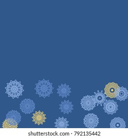Simple Outline Mandalas on Square Background. Fancy Ethnic Pattern with Round Lacy Medallions In Aztec, Indian or Moroccan Style. Bright Tribal Background for Orient Design. Vector