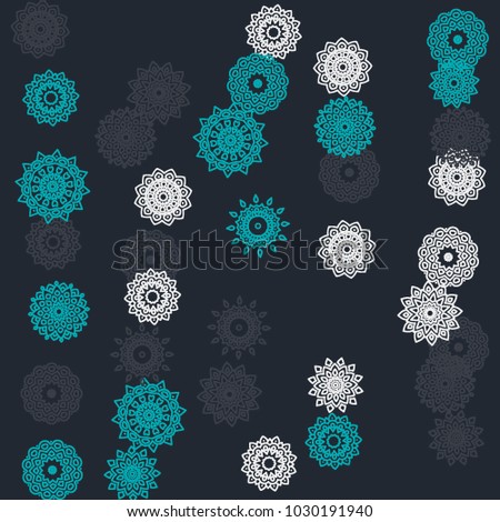 Simple Outline Mandalas on Square Background. Amazing Ethnic Pattern with Round Lacy Medallions In Moroccan, Indian or Turkish Style. Bright Tribal Background for Orient Design. Vector