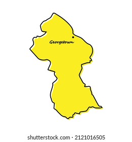 Simple outline map of Guyana with capital location. Stylized minimal line design