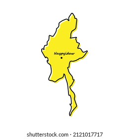 Mapa de esquema simple de Myanmar con ubicación en la capital. Diseño de línea mínimo estilizado