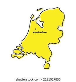 Simple outline map of Netherlands with capital location. Stylized minimal line design