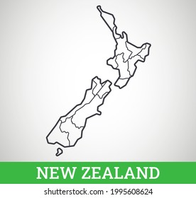 Simple outline map of New Zealand with regions. Vector graphic illustration.