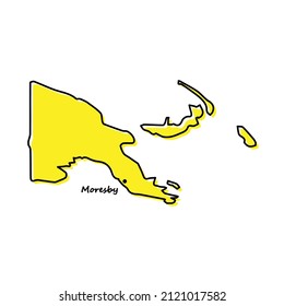 Simple outline map of Papua New Guinea with capital location. Stylized minimal line design