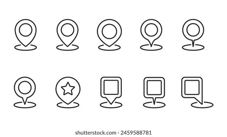 Simple outline map pin collection with editable line stroke. GPS, location pin sign. Map pointer symbol. Set of circle pointers infographic business element. Flat-style vector illustration