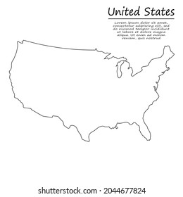 Simple outline map of United States, vector silhouette in sketch line style