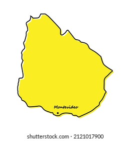 Mapa de esquema simple de Uruguay con ubicación de capital. Diseño de línea mínimo estilizado