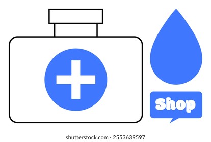 A simple outline of a medical first aid kit with a blue cross, a large blue droplet, and a shop sign. Ideal for healthcare, medical services, emergency preparedness, first aid, and online stores