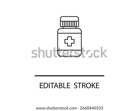 Simple outline of medicine bottle with plus sign, perfect for healthcare logos and designs needing a clean, modern, and professional touch.