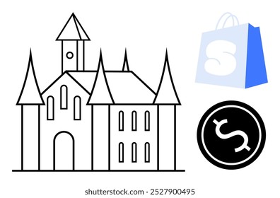 A simple outline of a medieval castle stands prominently. To the right, a shopping bag with an S and a currency symbol circle are visible. Ideal for shopping, e-commerce, finances, medieval themes