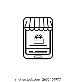 Simples esboço de um smartphone moderno mostrando um toldo de frente de loja com trabalho de linha preta. Na tela há um ícone de um saco de compras simbolizando as transações comerciais em uma base transparente.