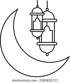 simple outline moon illustration with two lantern design