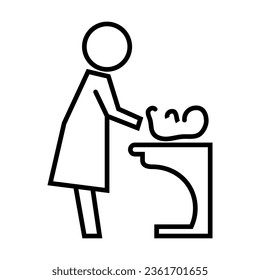 Simple outline of mother changing diaper of baby vector icon. Black line drawing or cartoon illustration of woman in baby changing room on white background. Motherhood, hygiene concept